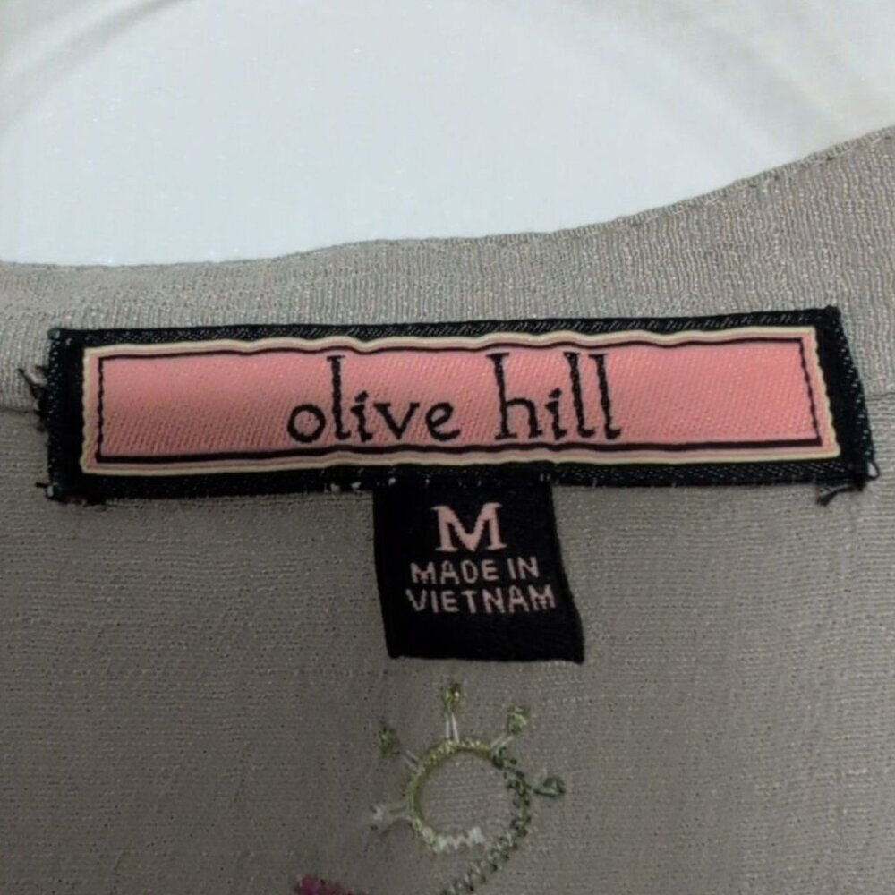 Olive Hill Embroidered Floral Shirt Womens Size Medium Green Roll Tab Sleeves - Picture 7 of 10
